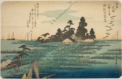 Herabsteigende Gänse in Haneda (Haneda no rakugan), aus der Serie "Acht Ansichten in der Umgebung von Edo (Edo kinko hakkei no uchi)" von Utagawa Hiroshige