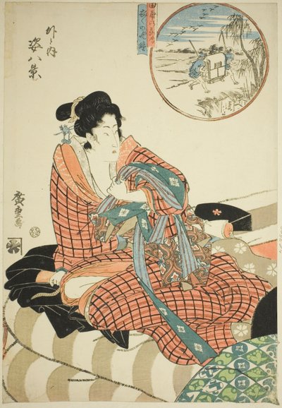Absteigende Gänse auf den Reisfeldern und Abendglocke des Morgens danach, aus der Serie "Acht Ansichten von Figuren drinnen und draußen" von Utagawa Hiroshige