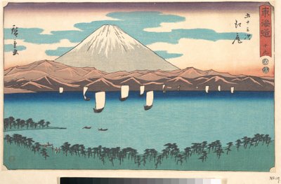 Ejiri, Nummer 19 aus der Serie „Dreiundfünfzig Stationen der Tōkaidō-Straße“ (Tōkaidō gojūsan tsugi), auch bekannt als „Tōkaidō in Kanzleischrift“ (Reisho Tōkaidō) von Utagawa Hiroshige