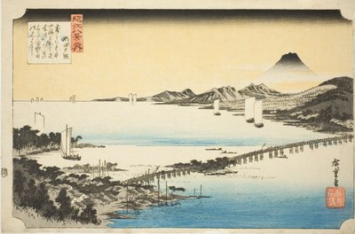 Abendglühen an der Seta-Brücke (Seta no sekisho), aus der Serie "Acht Ansichten von Omi (Omi hakkei no uchi)" von Utagawa Hiroshige