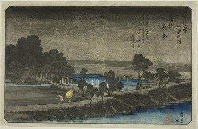 Abendregen am Azuma-Schrein (Azuma no mori yau), aus der Serie "Acht Ansichten in der Umgebung von Edo (Edo Kinko hakkei no uchi)" von Utagawa Hiroshige