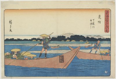 Fähre auf dem Tenryu-Fluss bei Mitsuke, 1841-1842 von Utagawa Hiroshige