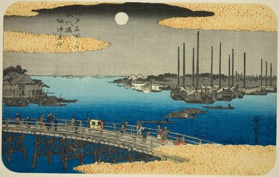Fischerboote in der Nähe der Eitai-Brücke in der Tsukuda-Bucht (Eitaibashi Tsukuda oki isaribune), aus der Serie "Berühmte Orte in Edo (Edo meisho no uchi)" von Utagawa Hiroshige