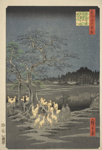Fuchsfeuer an Silvester am Wechselbaum in Oji, aus der Serie "Hundert berühmte Ansichten von Edo" von Utagawa Hiroshige