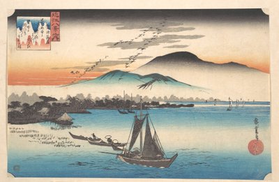 Landende Gänse bei Katada am Biwa-See von Utagawa Hiroshige