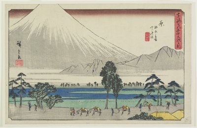 Kashiwahara Rastplatz am Teich mit Blick auf den Berg Fuji, Hara, 1841-1842 von Utagawa Hiroshige