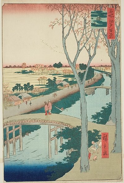 Koume-Damm (Koumezutsumi), Nr.104 aus der Serie "Hundert berühmte Ansichten von Edo (Meisho Edo hyakkei)" von Utagawa Hiroshige