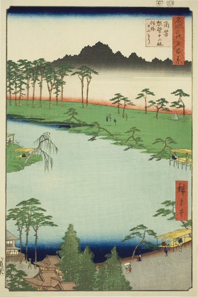 Kumano Junisha-Schrein in Tsunohazu, allgemein bekannt als Juniso, aus der Serie "Hundert berühmte Ansichten von Edo" von Utagawa Hiroshige