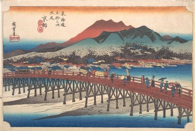 Kyōto: Die Große Brücke bei Sanjō (Taibi, Keishi, Sanjō Ōhashi), aus der Serie Die 53 Stationen des Tōkaidō (Tōkaidō gojūsan tsugi) von Utagawa Hiroshige