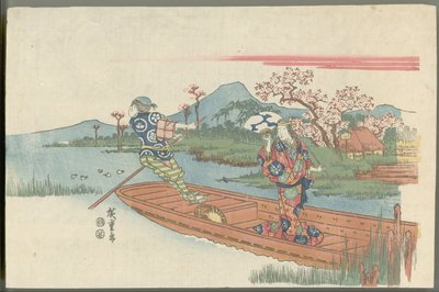 Wahnsinnige in einer Fähre nahe dem Tempel Mokubōji (Szene aus dem Noh-Stück Sumidagawa) von Utagawa Hiroshige