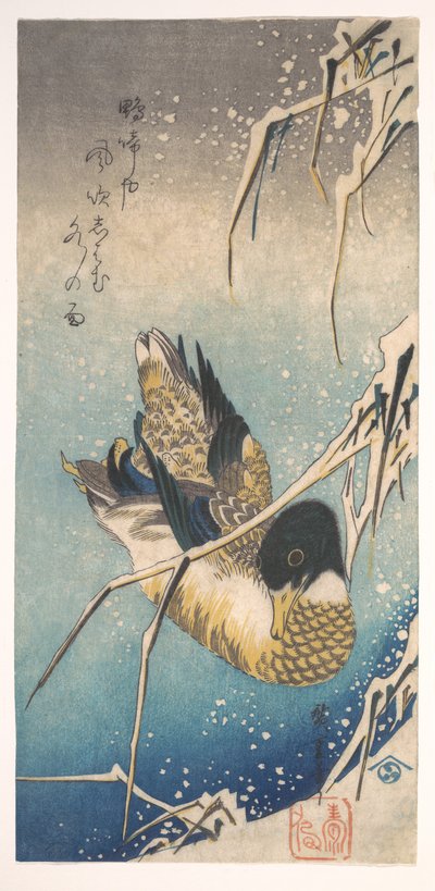 Stockente und schneebedeckte Schilfrohre von Utagawa Hiroshige