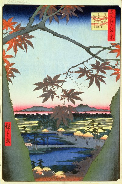 Ahornbäume bei Mam, Tekona-Schrein und verbundene Brücke, Platte 94 aus der Serie Einhundert Ansichten von Edo, Edo-Periode, Ansei-Ära, 1857 von Utagawa Hiroshige