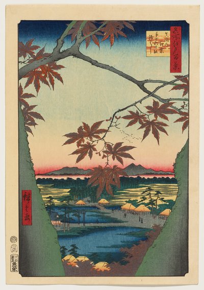 Ahornbäume bei Mama, der Tekona-Schrein und die verbundene Brücke von Utagawa Hiroshige