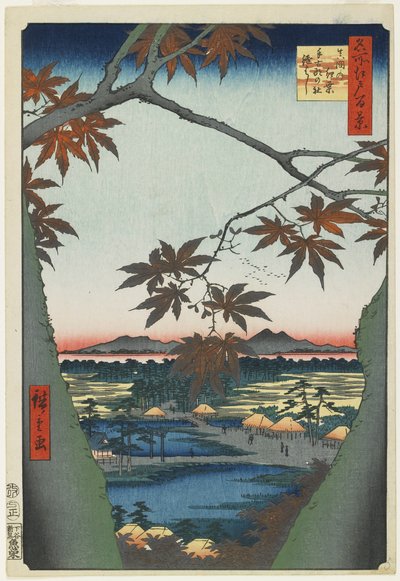 Ahornbäume bei Mama mit Blick auf den Tekona-Schrein und die Brücke, Januar 1857 von Utagawa Hiroshige