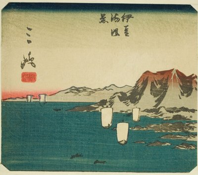 Mishima, Abschnitt des Blattes Nr. 3 aus der Serie "Ausschnittbilder des Tokaido (Tokaido harimaze zue)" von Utagawa Hiroshige