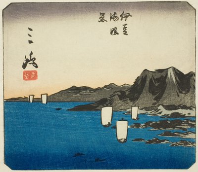 Mishima, Abschnitt von Blatt Nr. 3 aus der Serie "Ausschnittbilder des Tokaido (Tokaido harimaze zue)" von Utagawa Hiroshige
