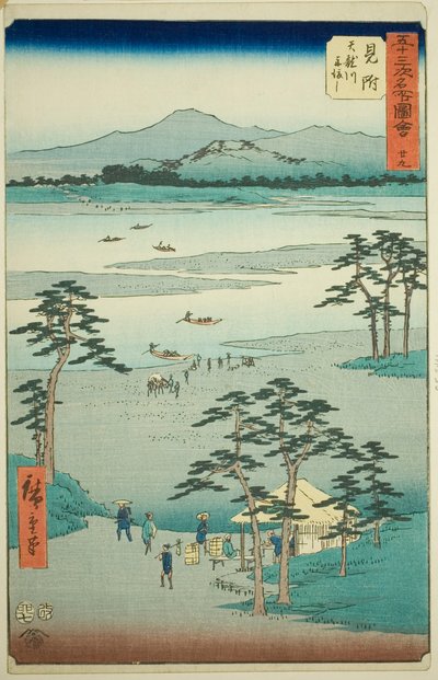 Mitsuke: Fähre auf dem Tenryu-Fluss (Mitsuke, Tenryugawa funewatashi), Nr. 29 aus der Serie Berühmte Ansichten der dreiundfünfzig Stationen (Gojusan tsugi meisho zue), auch bekannt als der Vertikale Tokaido von Utagawa Hiroshige