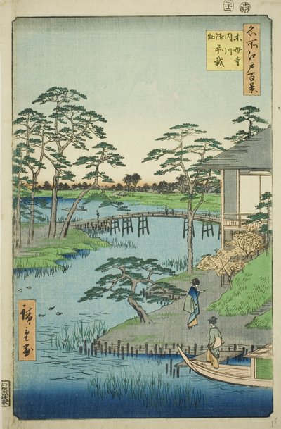 Mokubo-Tempel, Uchigawa-Bucht und Gozensaihata, aus der Serie "Hundert berühmte Ansichten von Edo" von Utagawa Hiroshige