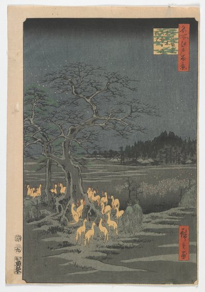 Silvester-Fuchsfeuer am Wechselbaum, Edo-Periode, 1857 von Utagawa Hiroshige