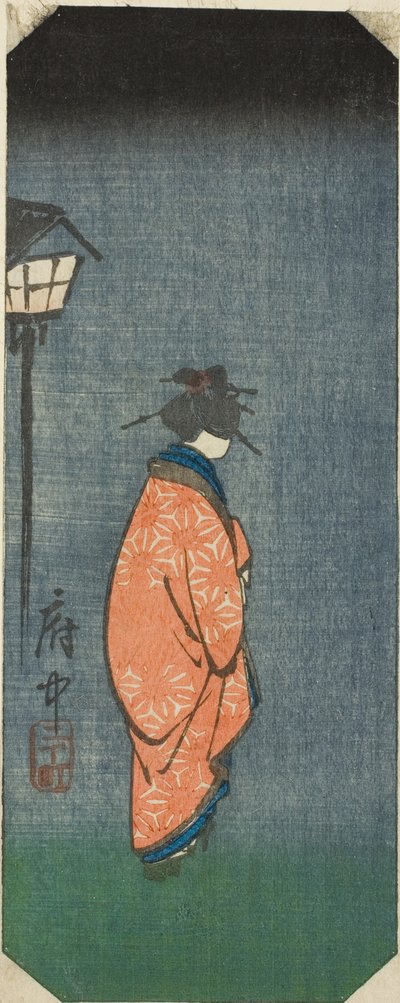 Nichomachi in Fuchu, Abschnitt des Blattes Nr. 6 aus der Serie "Bilder der dreiundfünfzig Stationen des Tokaido (Tokaido gojusan tsugi zue)" von Utagawa Hiroshige