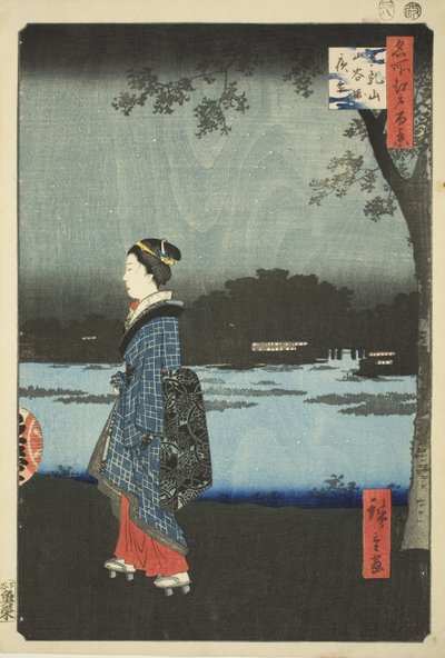 Nachtansicht des Matsuchi-Hügels und des San’ya-Kanals (Matsuchiyama San’yabori yakei), aus der Serie "Hundert berühmte Ansichten von Edo (Meisho Edo hyakkei)" von Utagawa Hiroshige