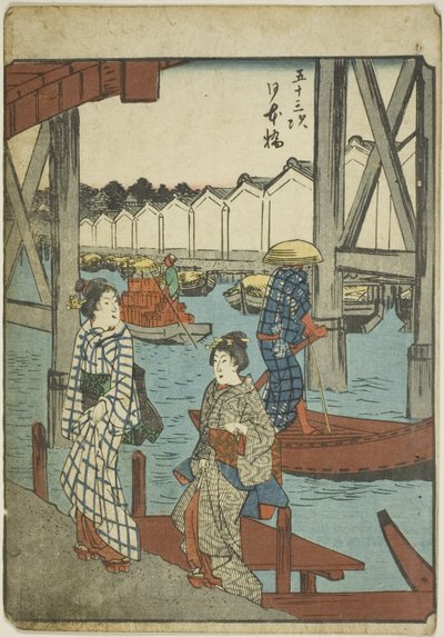 Nihon-Brücke (Nihonbashi), aus der Serie "Dreiundfünfzig Stationen [des Tokaido] (Gojusan tsugi)," auch bekannt als die Figuren-Tokaido (Jinbutsu Tokaido) von Utagawa Hiroshige