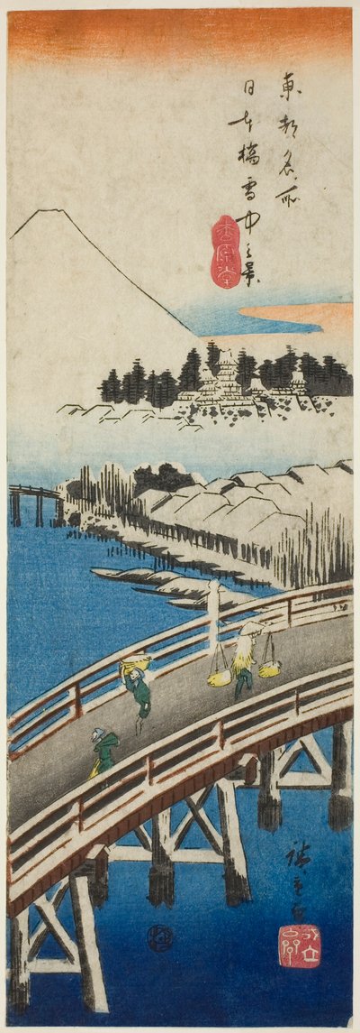 Nihon-Brücke im Schnee gesehen (Nihonbashi setchu no kei), aus der Serie "Berühmte Ansichten in der östlichen Hauptstadt (Toto meisho)" von Utagawa Hiroshige