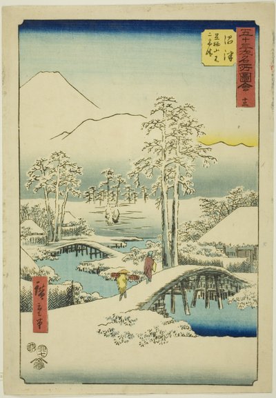 Numazu: Berg Fuji und Berg Ashigara bei klarem Wetter nach Schnee, Nr. 13 (Numazu, Ashigarayama Fuji no yukibare), aus der Serie "Berühmte Ansichten der 53 Stationen (Gojusan tsugi meisho zue)", auch bekannt als die Vertikale Tokaido von Utagawa Hiroshige