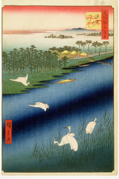 Sakasai-Fähre, Platte 67 aus der Serie Einhundert berühmte Ansichten von Edo, Edo-Periode, Ansei-Ära, 1857 von Utagawa Hiroshige