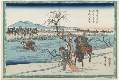 Sasaki Takastuna und Kajiwara Kagetoki wetteifern um die Führung beim Überqueren des Uji-Flusses, 1834-1839 von Utagawa Hiroshige