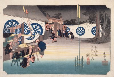 Seki, Frühe Abreise aus dem Daimyos Gasthaus, aus Dreiundfünfzig Stationen auf der Tokaido-Straße, ca. 1834 von Utagawa Hiroshige