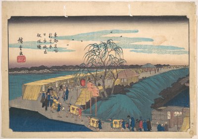 Morgendämmerung am Emonzaka am Nihon-Damm im neuen Yoshiwara von Utagawa Hiroshige
