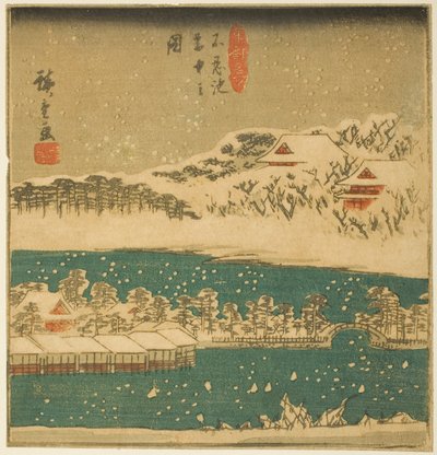 Shinobazu-Teich im Schneefall, Abschnitt eines Blattes aus der Serie "Berühmte Ansichten der östlichen Hauptstadt (Toto meisho)" von Utagawa Hiroshige