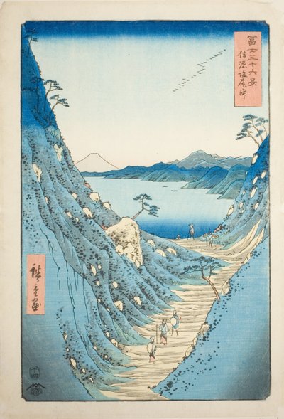 Shiojiri-Pass in der Provinz Shinano, aus der Serie "Sechsunddreißig Ansichten des Berges Fuji (Fuji sanjurokkei)" von Utagawa Hiroshige