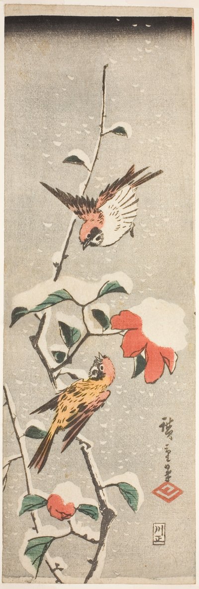 Spatzen und Kamelie im Schnee von Utagawa Hiroshige