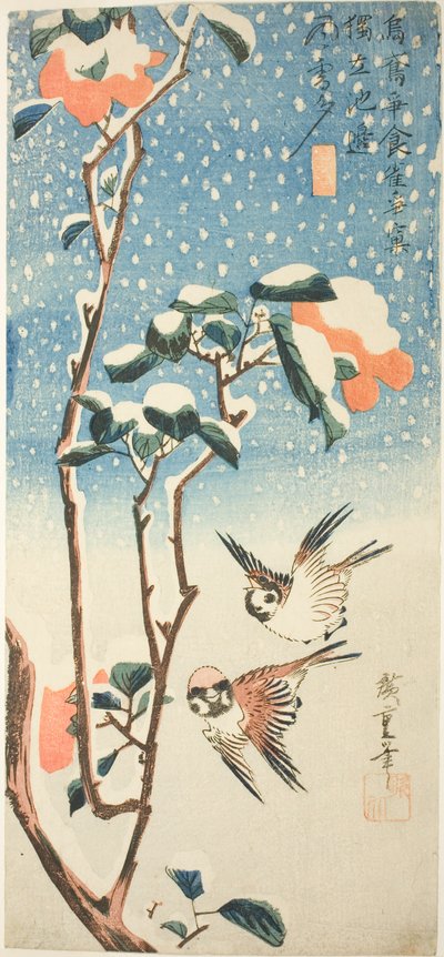Spatzen und Kamelie im Schnee von Utagawa Hiroshige