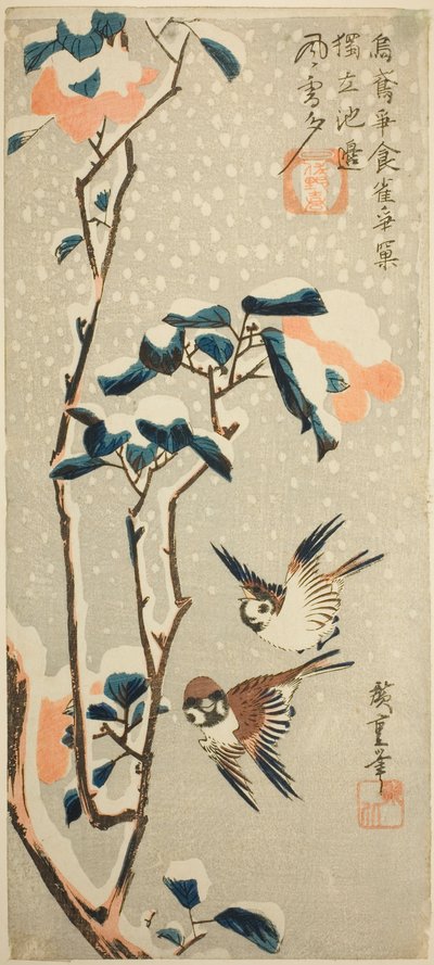 Spatzen und Kamelie im Schnee von Utagawa Hiroshige
