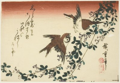 Spatzen und Buschkleeblätter von Utagawa Hiroshige