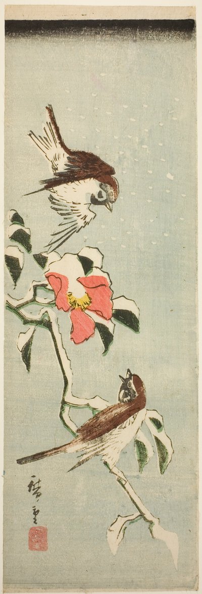Spatzen und Kamelie im Schnee von Utagawa Hiroshige
