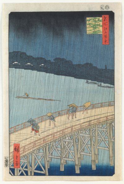 Plötzlicher Regenschauer über der Ōhashi-Brücke und Atake, aus der Serie „Hundert berühmte Ansichten von Edo“ von Utagawa Hiroshige