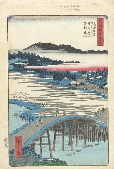Sugatami-Brücke, Omokage-Brücke und Jariba in Takata von Utagawa Hiroshige