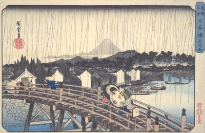 Sonnenregen bei Nihonbashi, aus der Serie „Berühmte Orte in der östlichen Hauptstadt“ von Utagawa Hiroshige