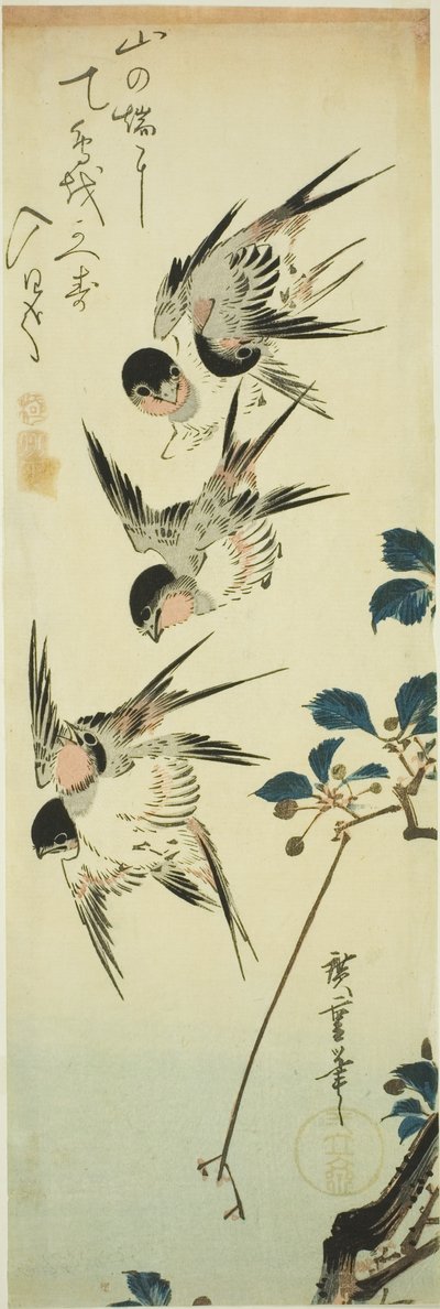 Schwalben und blühender Zweig von Utagawa Hiroshige