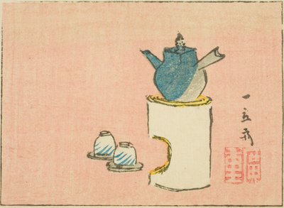 Teekanne und Tassen, Abschnitt eines Blattes aus einer Serie unbetitelter Harimaze-Drucke von Utagawa Hiroshige