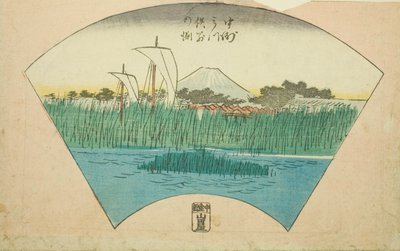 Die Trennungstiefe des dreizackigen Flusses bei Nakasu (Nakasu Mitsumata Wakarenofuchi), Abschnitt eines Blattes aus der Serie "Ausschnitte berühmter Orte in Edo (Edo meisho harimaze zue)" von Utagawa Hiroshige