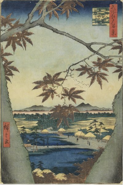 Die Ahornblätter von Mama, der Tekona-Schrein und die Tsugi-Brücke von Utagawa Hiroshige