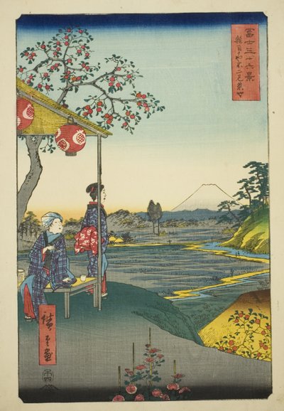 Ansicht des Berges Fuji von einem Teehaus in Zoshigaya (Zoshigaya Fujimi chaya), aus der Serie "Sechsunddreißig Ansichten des Berges Fuji (Fuji sanjurokkei)" von Utagawa Hiroshige