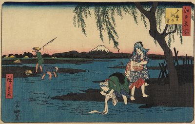 Dorf am Tamagawa-Fluss, März 1858 von Utagawa Hiroshige