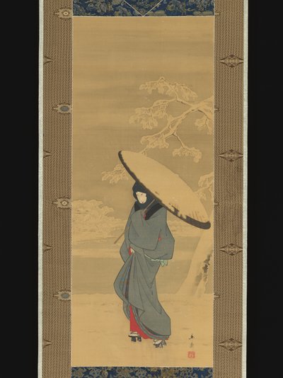 Frau, die im Schnee geht von Utagawa Hiroshige