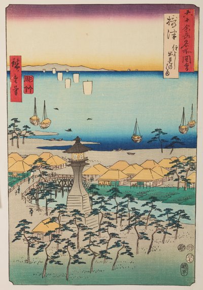 Küste von Demi und Leuchtturm in der Provinz Settsu / Settsu Sumiyoshi Demi no hama, Tafel 5 aus der Serie: Ansichten berühmter Orte in sechzig und einigen Provinzen / Rokuju yoshu meisho zue von Utagawa Hiroshige